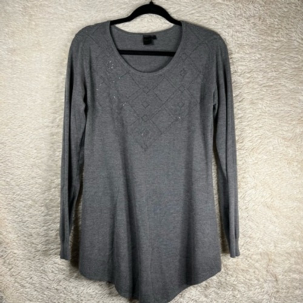 Mono B Womens Tunic Top Gray Heathered Long Sleeve Crew Neck Pullover S-M